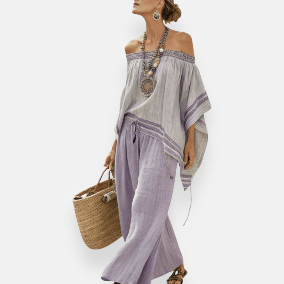 Claudine | Striped Set with Off-the-Shoulder Design