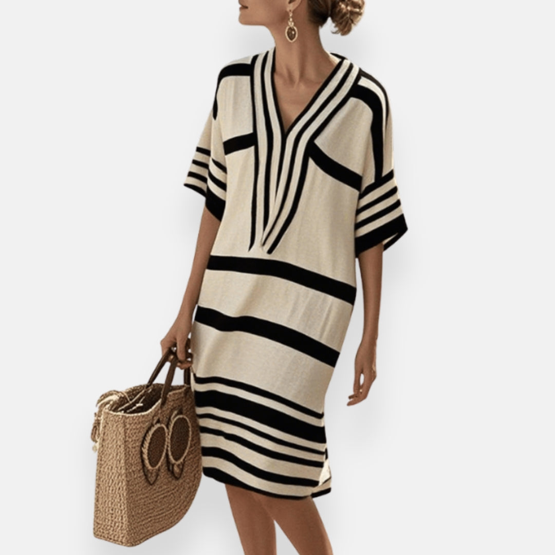 Florette | Loose Striped Dress with Tunisian Collar