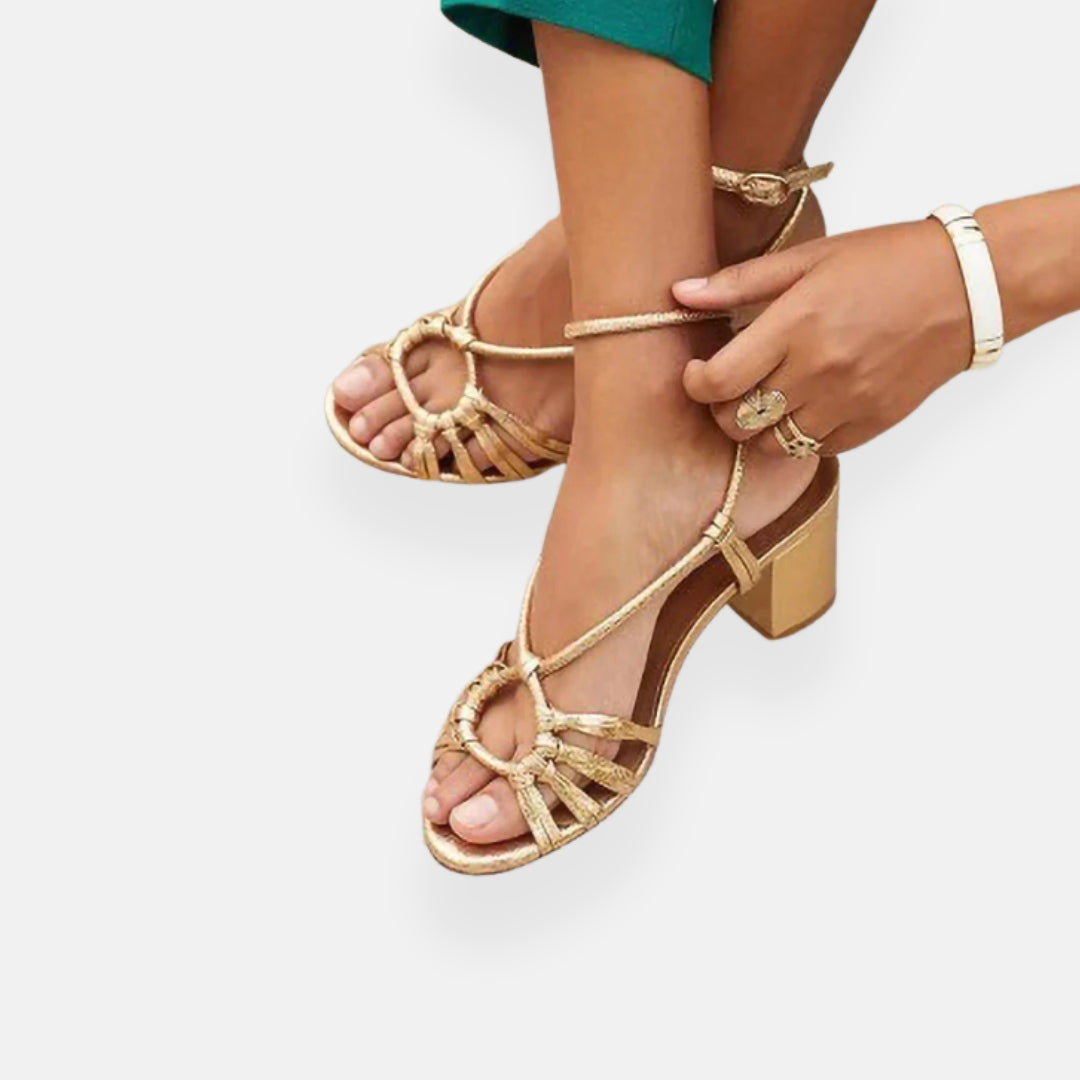 Nolivie | Golden Block Heel Sandals